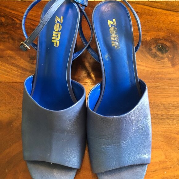 ZOMP Peep Toe Teal Blue Block Heel Shoes Size 37.5, leather sole,  3" heel - Picture 5 of 6
